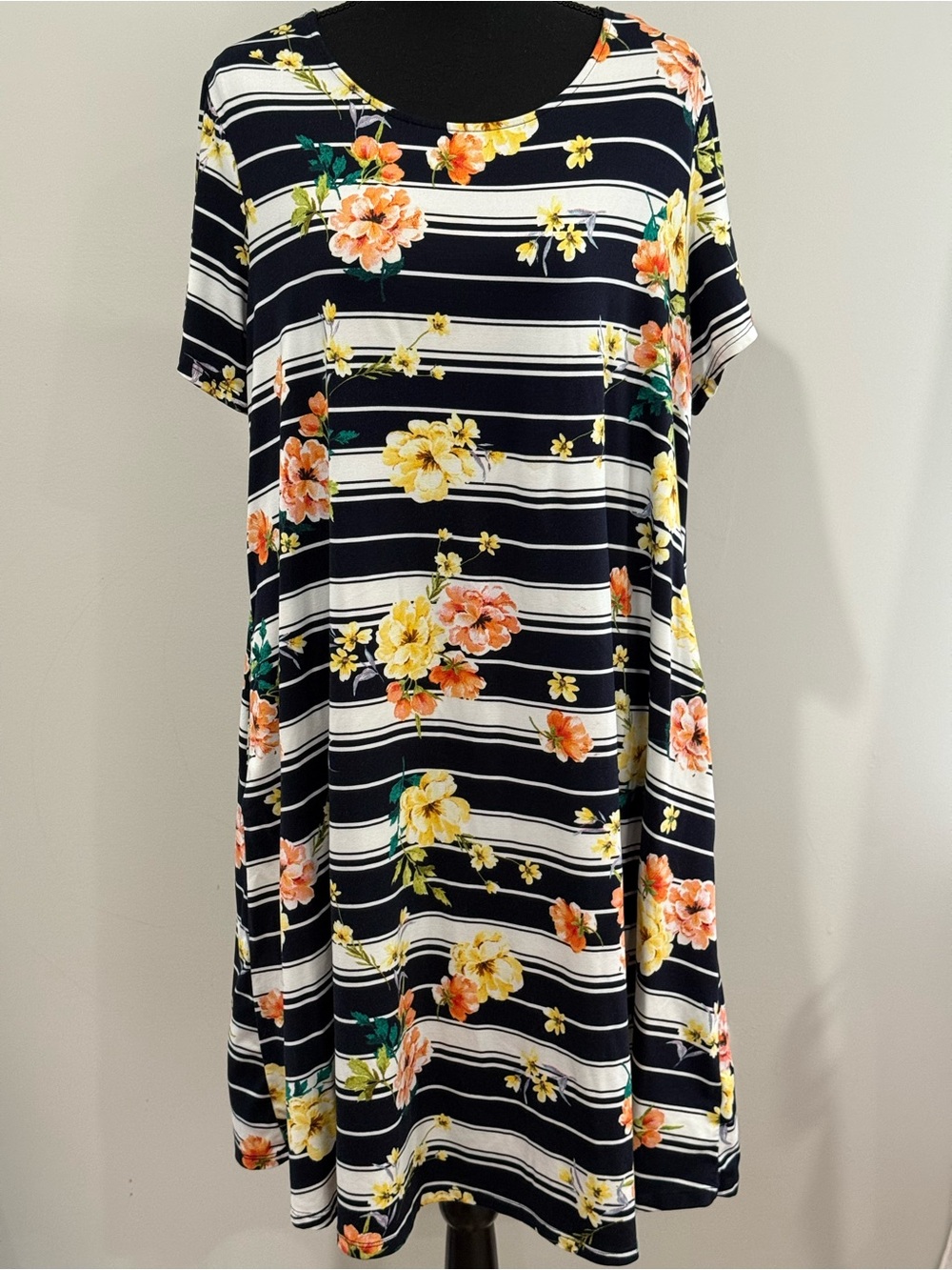 Nina Leonard 1X Striped Floral Dress w Pockets 149